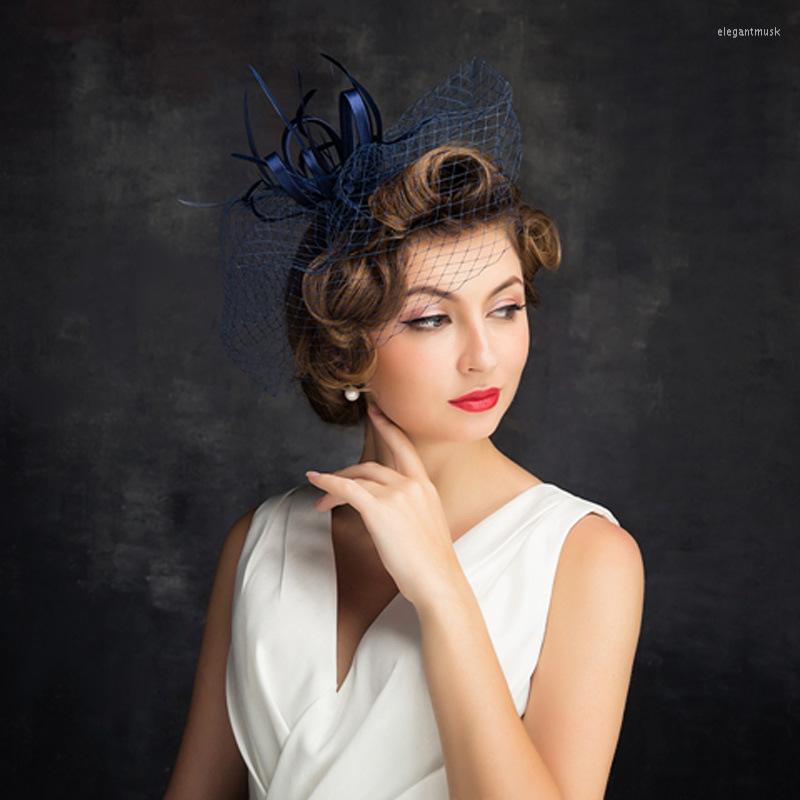 

Headpieces Elegant Blue Birdcage Veil Formal Bridal Fascinator Feather Ribbon Velo De Rejilla 2022