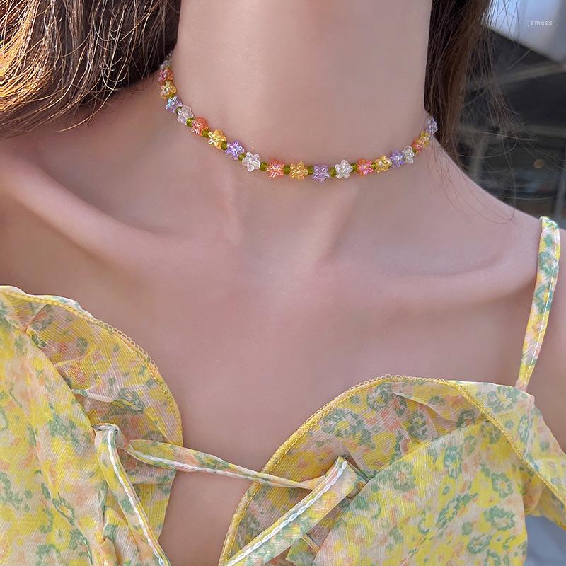 

Choker Summer Kpop Boho Korea Colorful Transperant Crystal Flowers Natural Freshwater Pearls Necklace For Women Vacation Jewelry