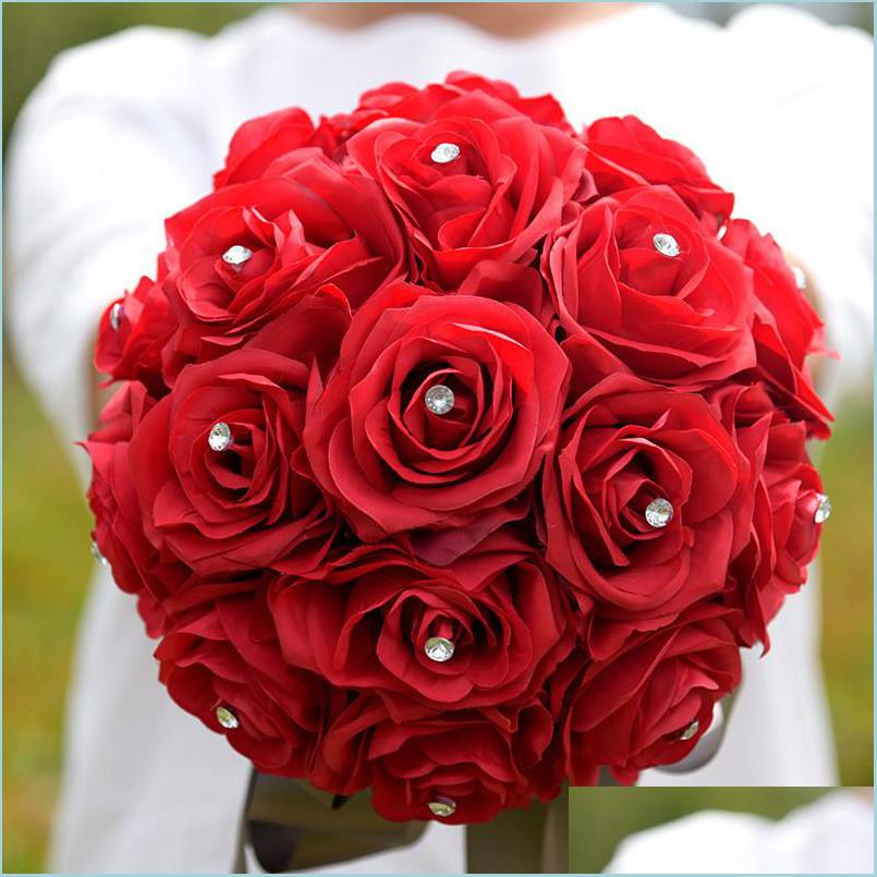 

Wedding Flowers Bridal Red Rose Bouquet Romantic Bride Artificial Flowers Bouquets Home Wedding Decoration With Crystal Drop Deliver Dh4Ig