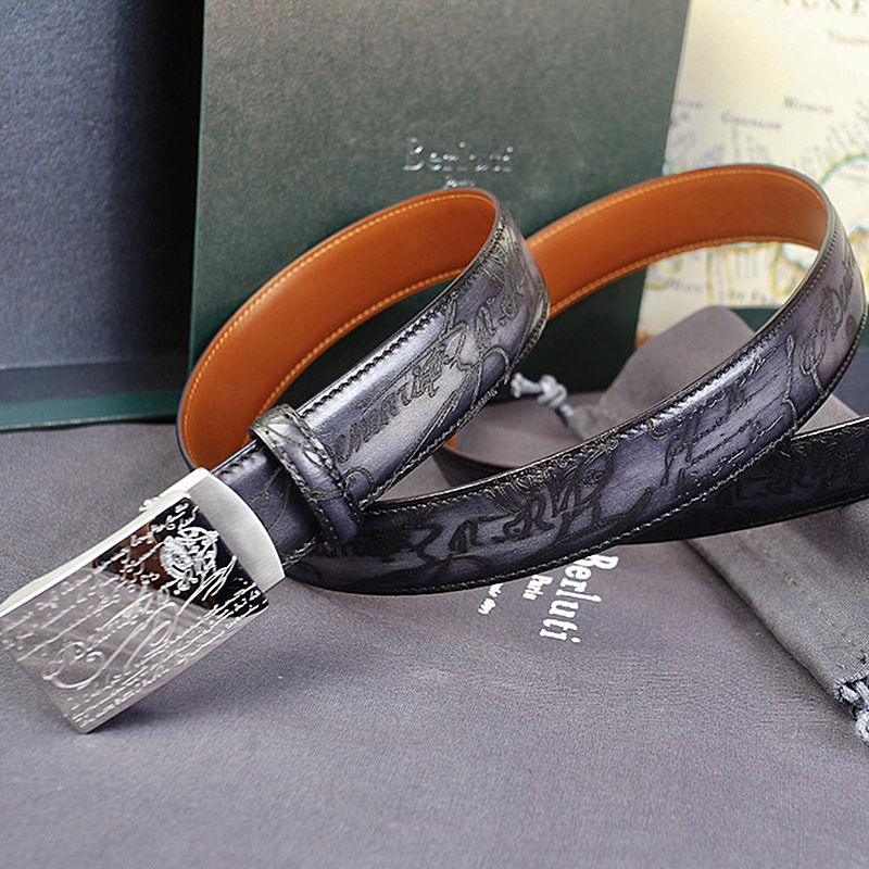 berluti Pure handmade men's belt leather color change 3.5cm classic pattern engraved luxury Essence Steel buckle Automatic buckle can be adj-image-816813881