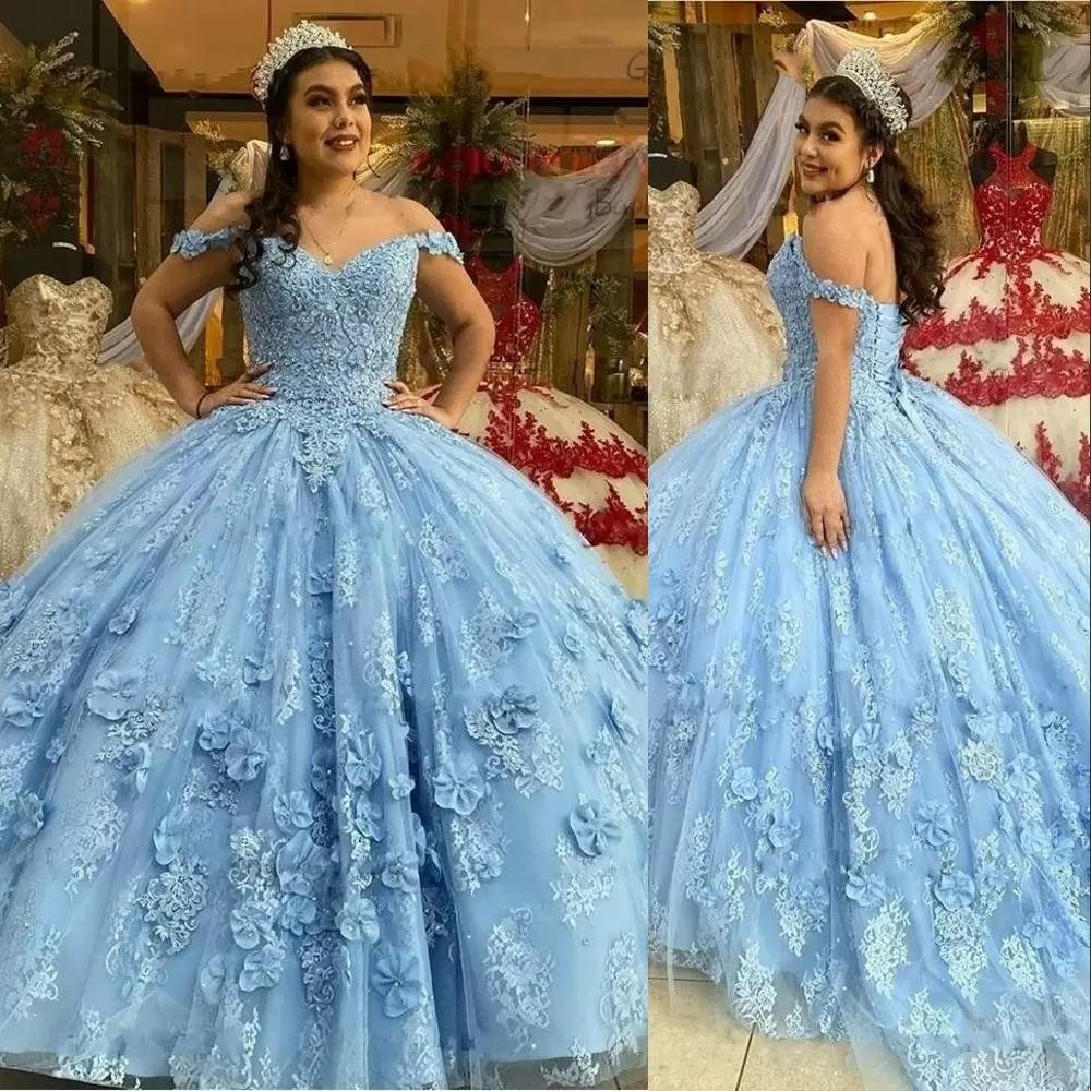 

Sexy Ball Gown Quinceanera Dresses Light Blue Lace Appliques Beads Hand Made 3D Flowers Sweet 16 Dress For 15 Years Prom Party Pageant Gowns Off Shoulder, White