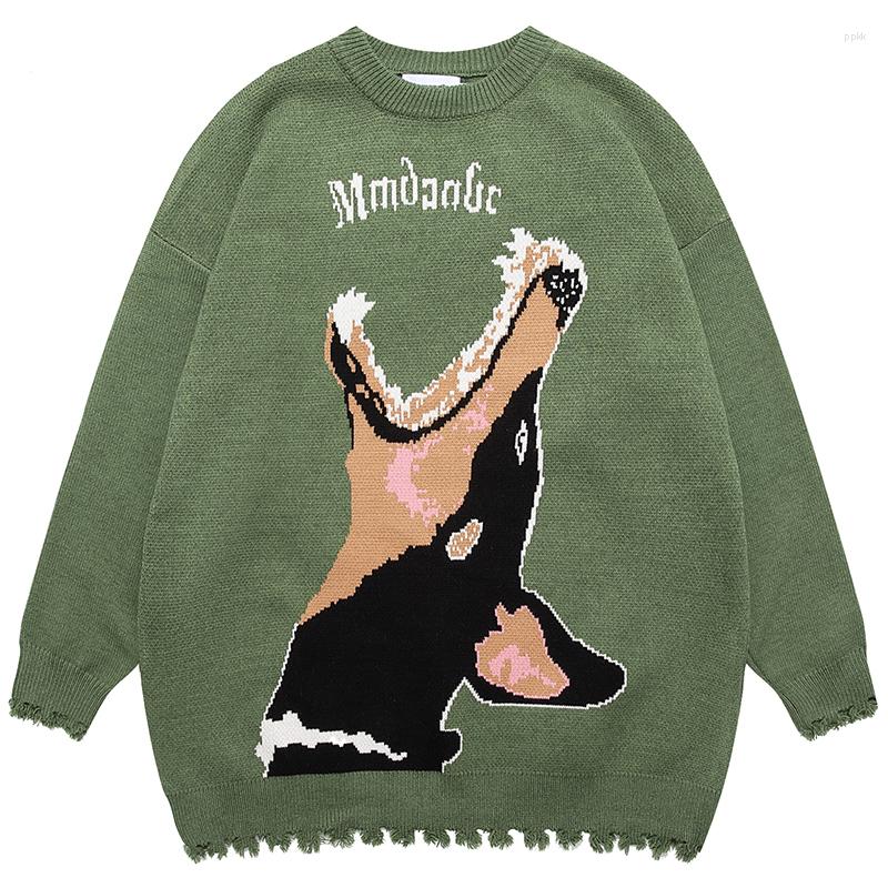 

Men's Sweaters Autumn Men Oversized Knitted Jumper Harajuku Fashion Casual Pullovers Clothing Hip Hop Dog Graphic Streetwear, Black