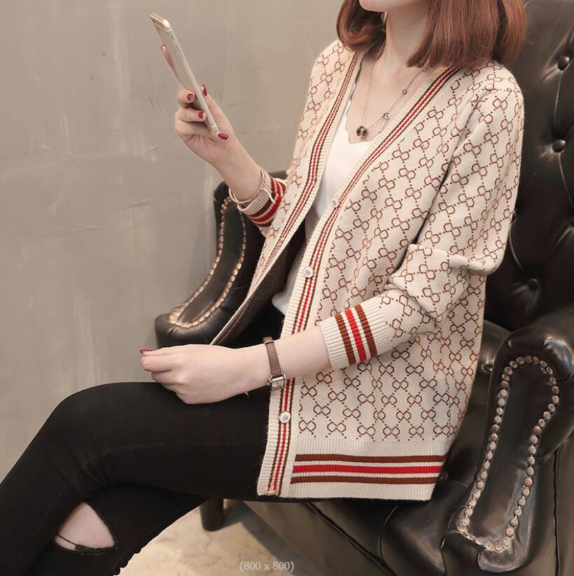 

Women Casual Cardigans Sweater Coat Autumn Winter Long Sleeve V-Neck Fashion Female Ingle-breasted Geometric Knitted Sweaters