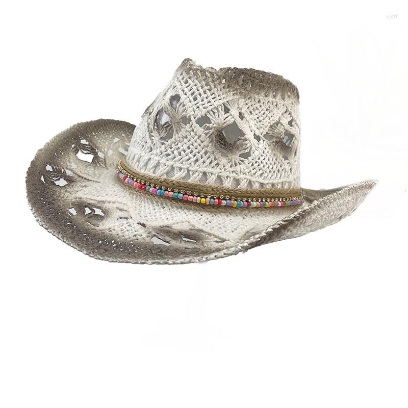

Berets Boho Spray Paint Straw Knight Cowgirl Hats Wiht Beaded Hatband Authentic Western Sombrero Unisex Summer Vacation Beach Party Cap, White