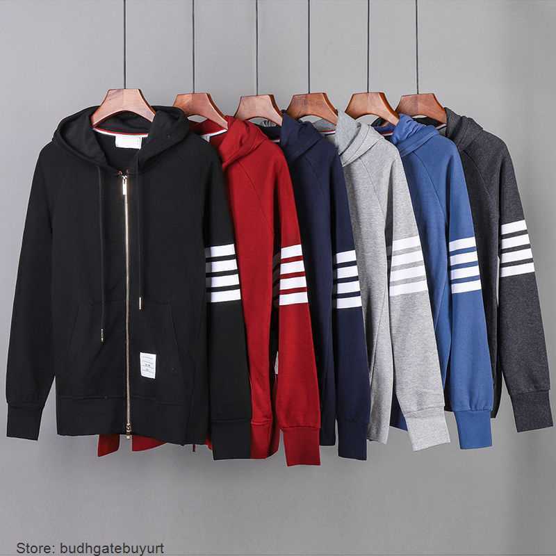 

Fashion Yarn Dyed TB Mens Hoodie Four Bar Men's And Women's Classic Stripe Cotton Sweater Zipper Hooded Sports Couple Coat, Black coat