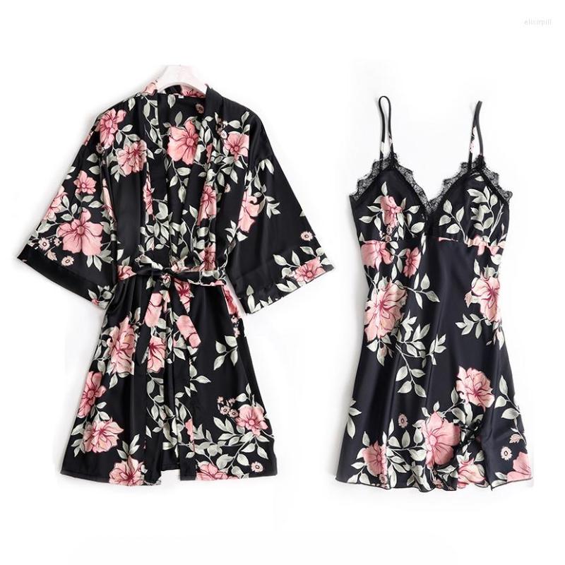 

Women's Sleepwear Silky Nightdress Set Black Women 2PC Nightshirts V-Neck Pajamas Print Homewear Wear Home Suit Negligee Robe Gown, Black - h