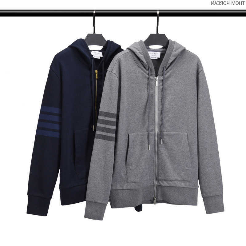 

2022 Winter Tb Men Jacket Hooded Casual Cotton Coat Striped Zipper Outerwear Korean Pockets Sweater Slim High Quality, Gray