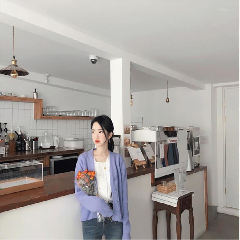 

Women's Jackets 2022 Spring And Autumn Solid Color Single-breasted  V-neck Long-sleeved Sweater Cardigan Jacket, Lavender