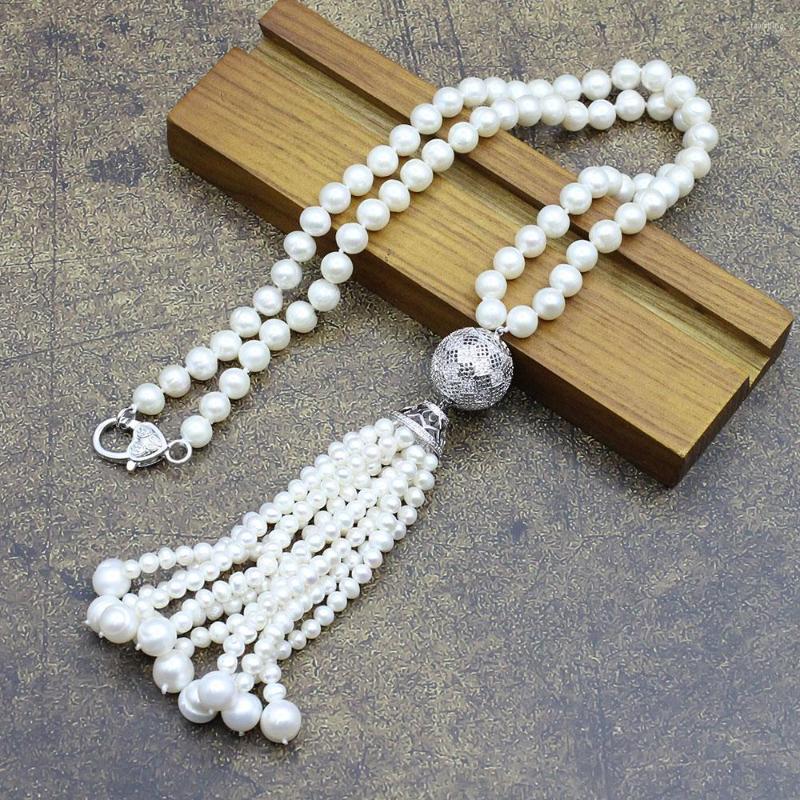 

Pendant Necklaces GuaiGuai Jewelry 23'' Natural 10mm White Pearl CZ Paved Long Necklace