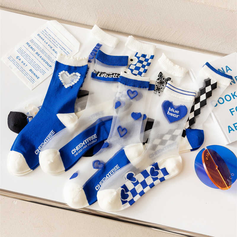 

Socks Hosiery New Style Women Socks 2022 Summer High Quality Cotton Soft Breathable Blue Heart Long Transparent Socks Cute Letter Casual Thin T221102, Love