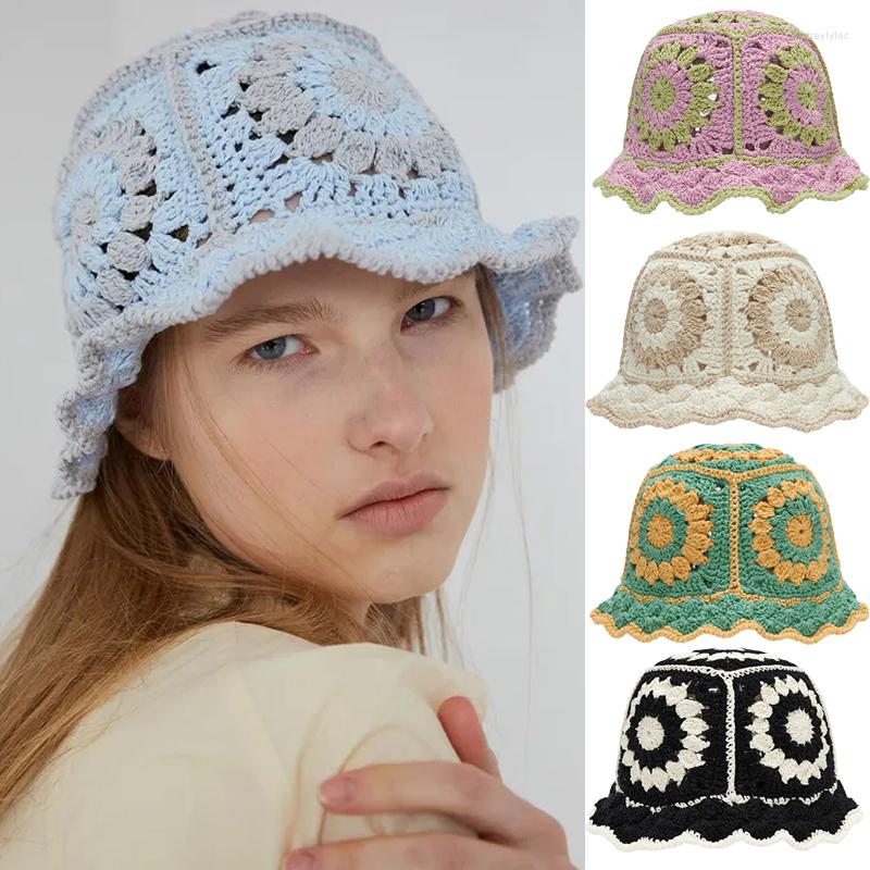 

Berets Hollow Multicolor Crochet Bucket Hat Women Spring Summer Fashion Brand Knitted Sun Hats Protection Foldable Panama Cap, Navy blue a