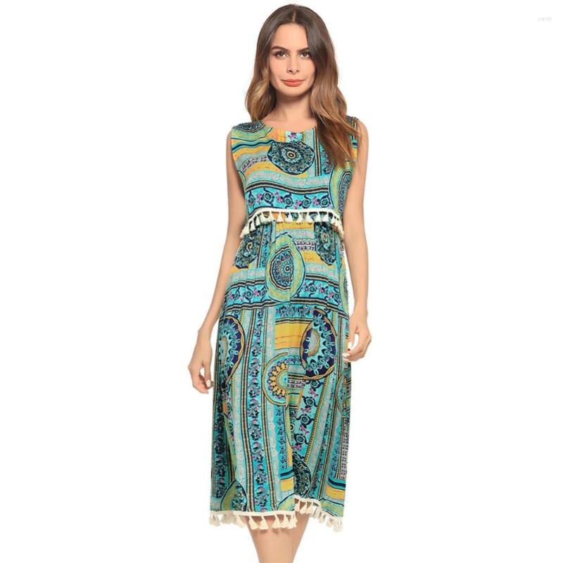 

Casual Dresses 2022 Summer Sexy Beach Holiday Travel Comfortable Tassel Fake Two-piece National Dress, Green