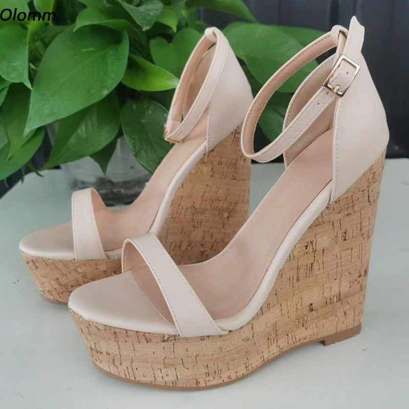 

Olomm Handmade Women Platform Sandals Cork Wedges High Heels Sandals Open Toe Pretty Beige Casual Shoes Ladies US Plus Size -20