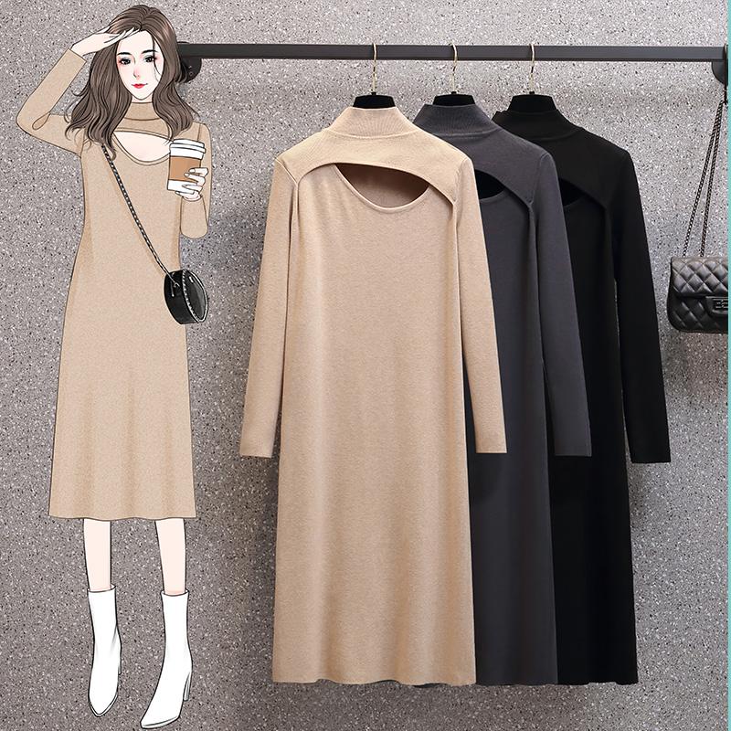 

Casual Dresses Large Size Ladies' Fat Girl Autumn Winter Half A Turtleneck Hollow-out Knitting Sweater Render Skirt Dress, Black