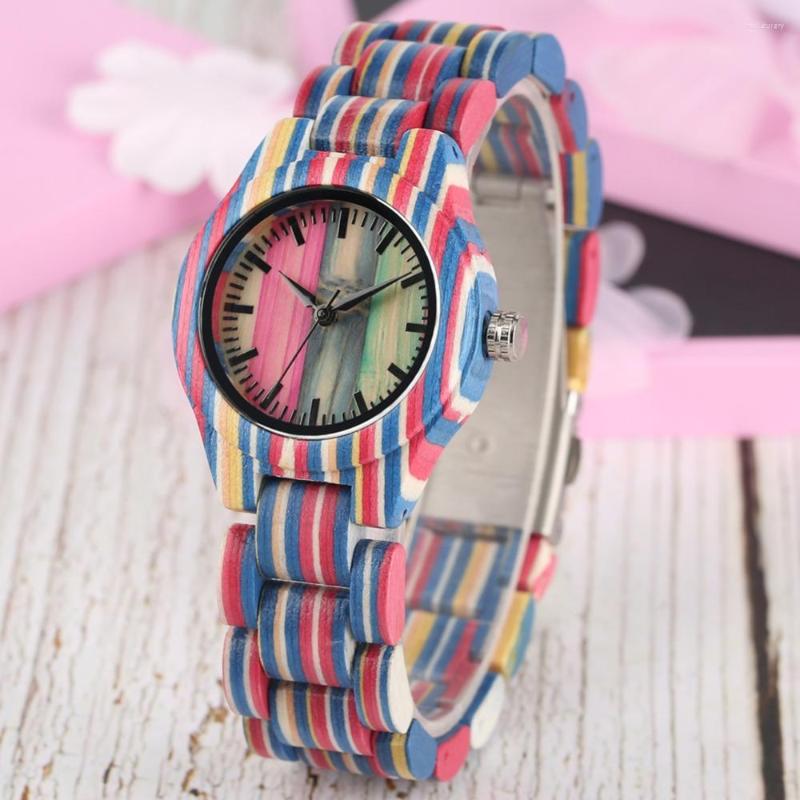 

Wristwatches Wooden Watches Quartz Simple Wristwatch For Women Natural Handmade Full Wood Bamboo Watch Fashion Colorful Band Clock, Wooden watch c