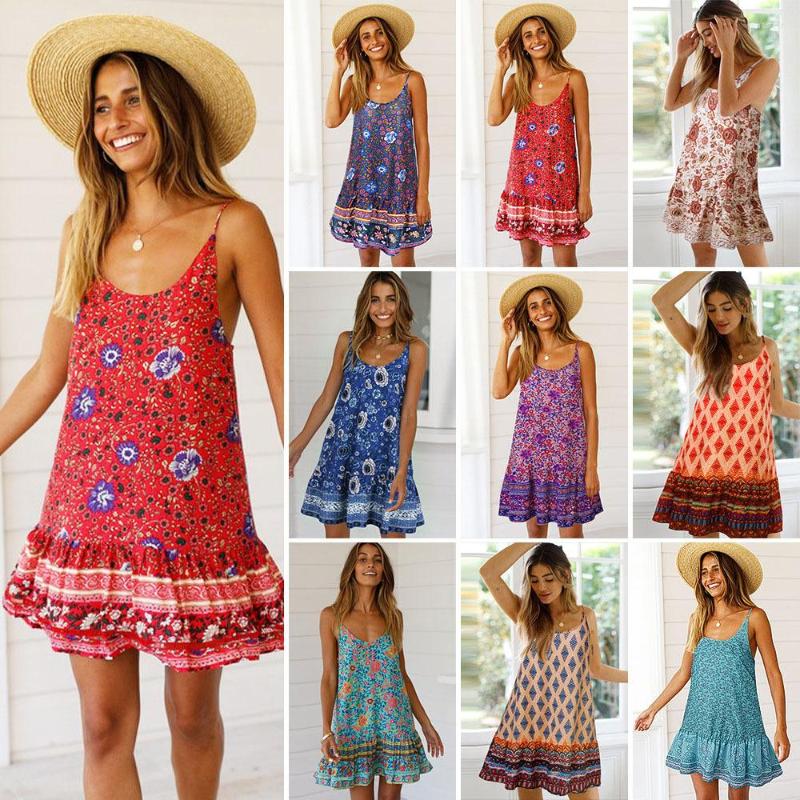 

Casual Dresses Summer Printed Flower Backless V-NECK Dress Pleated Flounced Elegant Lady Female Sundress Plus-sized Beach, Blue