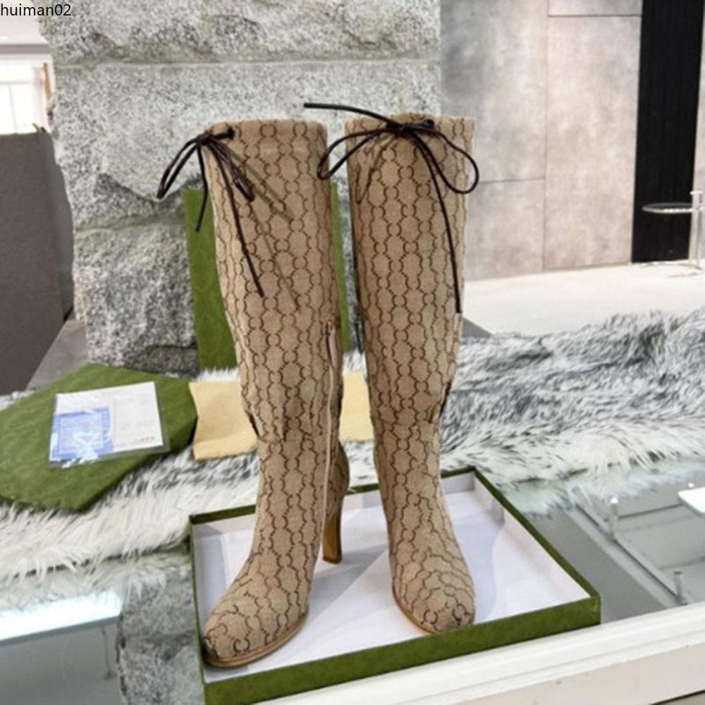 

High Knee Boots High Boot Sole Shoes For Spring Autumn Women 'S Knee Cowhide Printed Drawstring Metal Zipper Leather