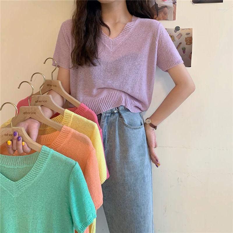 

Women's T Shirts Woman TShirts Summer Candy Color V-neck Short-Sleeved Knitted Top For Women Crop Mujer Camisetas, 73047 green