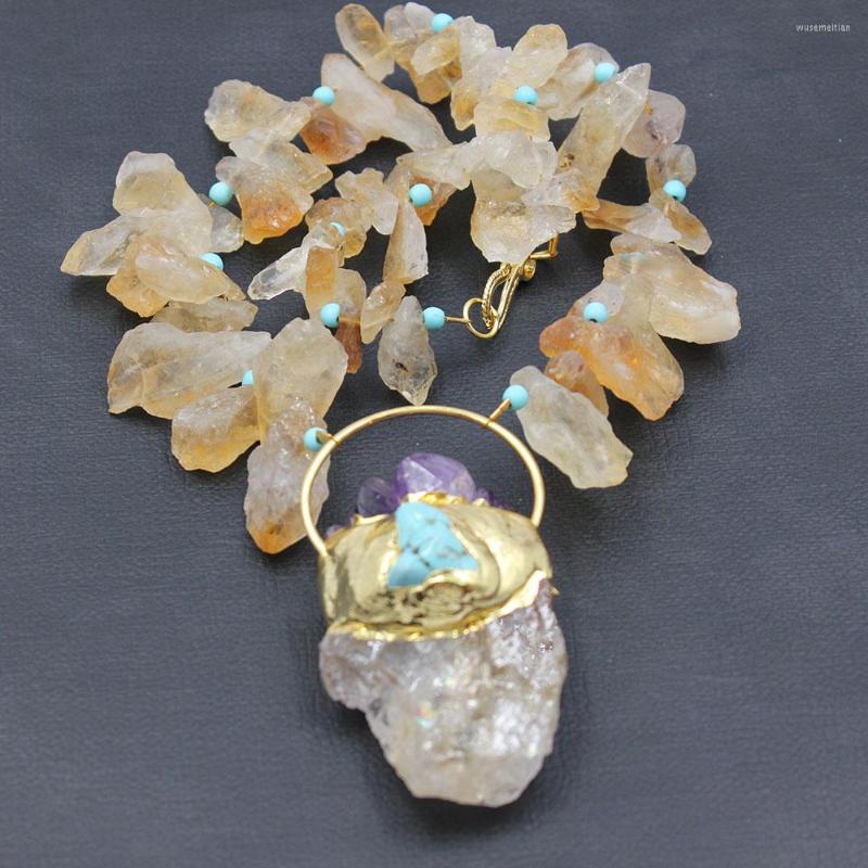 

Pendant Necklaces GuaiGuai Jewelry Natural Yellow Citrines Topaz Rough Nugget Necklace Amethysts Turquoises Handmade For Women