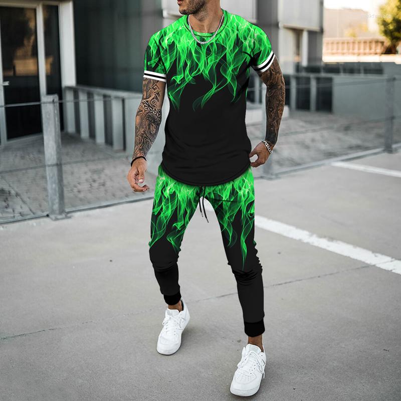 

Men' Tracksuits The Men' Spring And Summer 3D Printed Two Sets Of T-shirts Trousers Fashion Sportswear Casual Selling Color Flame, 4 6