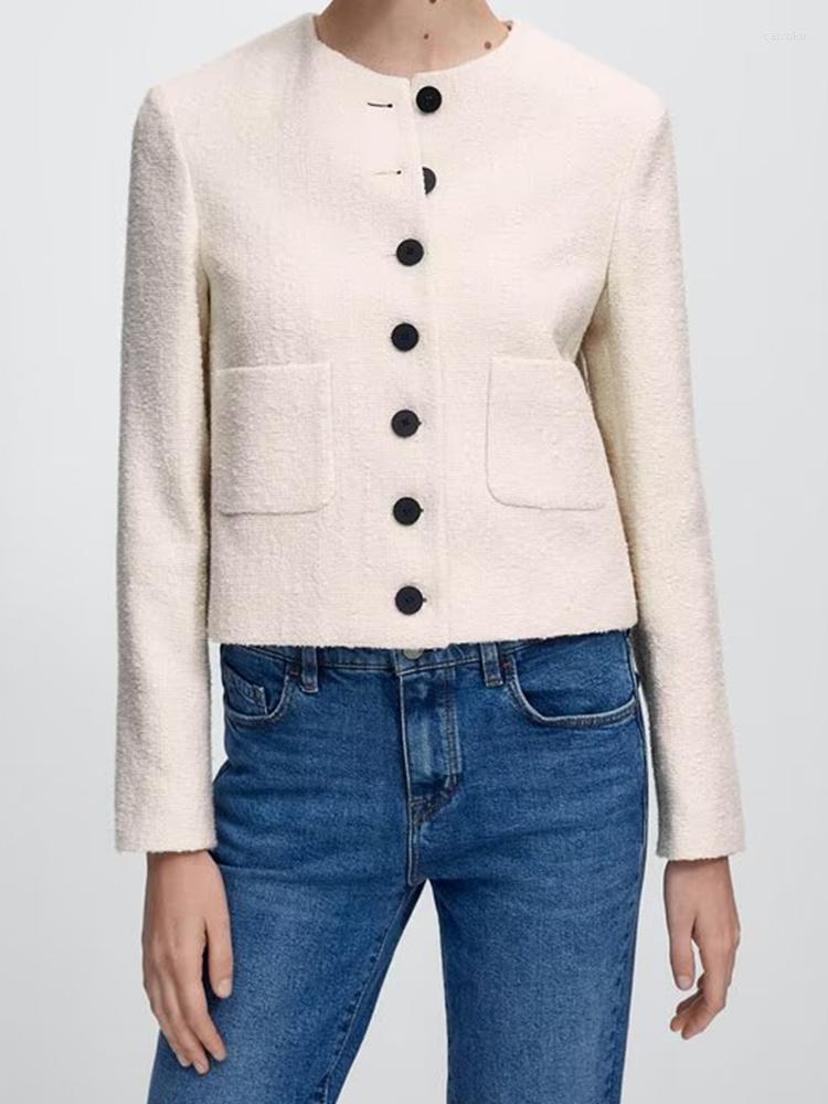 

Women' Jackets 2022 Women Beige Tweed Crop Jacket Vintage Single Breasted Pockets Female Autumn Winter Outerwear