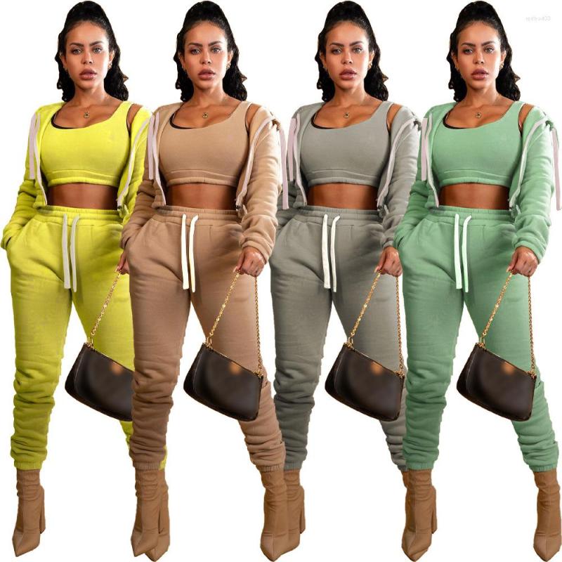 

Women' Two Piece Pants Women 3 Set Hooded Tracksuit Top Sweatsuits Brushed Jacket Long Stacked Sets Casual Solid Color Clothing For, Yellow