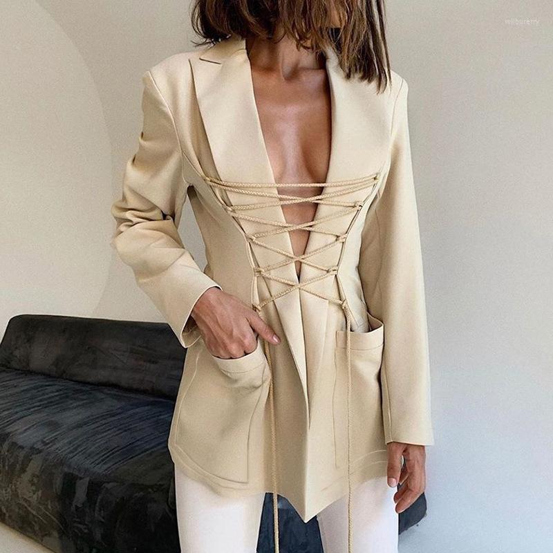 

Women' Suits 2022 Women Sexy Bandage Style Blazers Long-sleeved Mid-length Casual Fashion Temperament Small Suit Woman Spring Autumn, Black