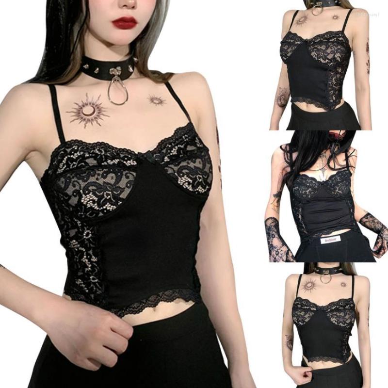 

Women' Tanks Women' Sexy Floral Lace Camisole Gothic Sleeveless Spaghetti Strap Rib Knit Crop Cami Tops, Black