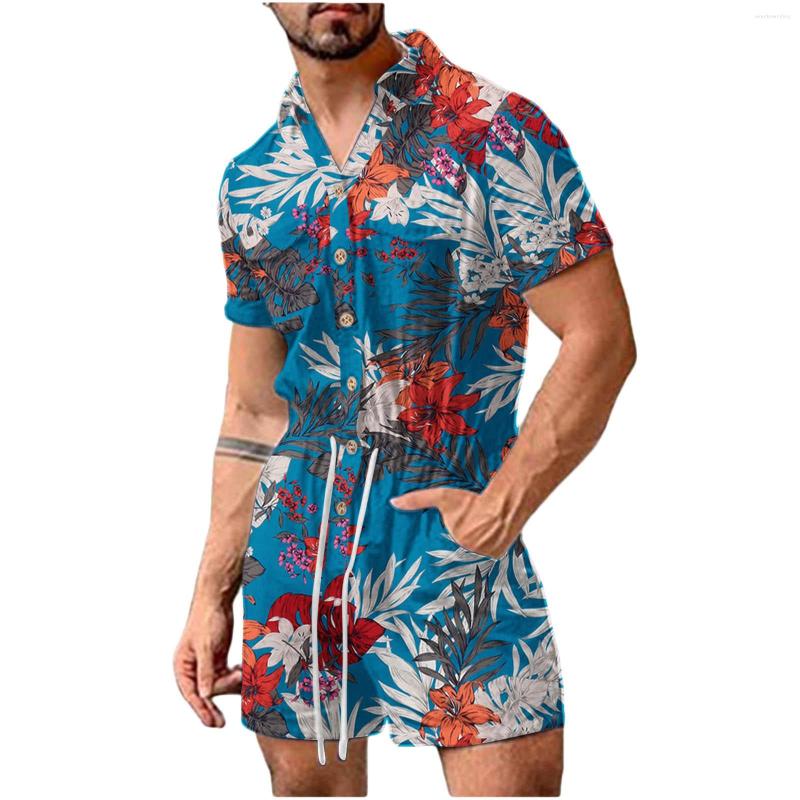 

Men' Shorts Men' Summer Casual Lace-up One Piece Beach Loose Jumpsuit Cotton Linen Floral Printed Short Sleeve Turn-down Collar Romper, Blue