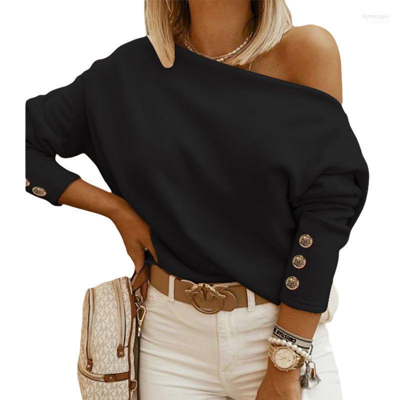 

Women' Hoodies Women Solid Color Sweater Autumn And Winter Long Sleeve Off-shoulder Pullover With Decorative Button Women, Beige