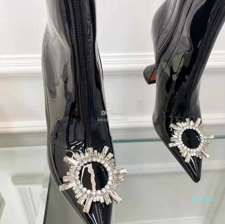 

Fashion Ankle Booties Designer Black Pointed Toe Boots Women Horseshoe Heel Boots Radiant Crystal buckle Satin Winter Wedding Party shoes