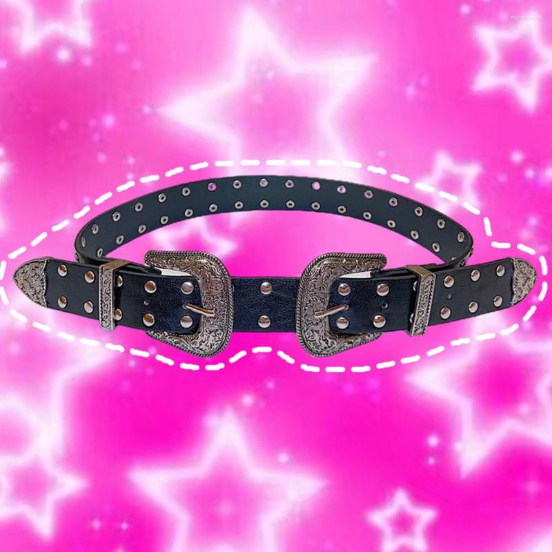 

Belts Ins Punk Street Y2K Millennium Spice Girl Tuku Metal Double Button Carved PU Leather Belt, Black