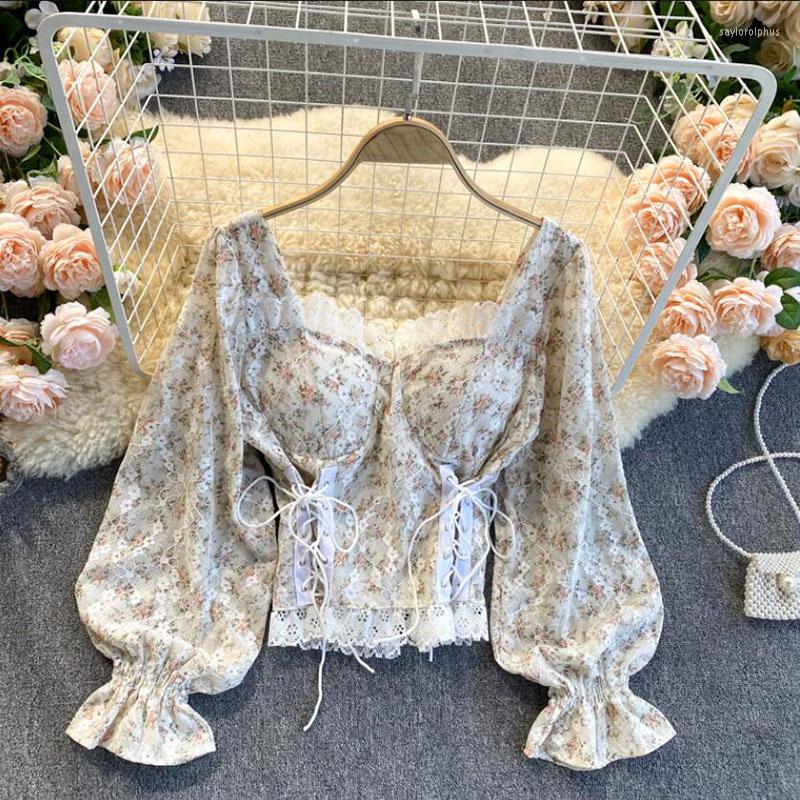 

Women's Blouses Sweet Lace Square Collar Women Shirt Puff Sleeve Bandage Slim Short Crop Top Blouse Shirts Elegant Flower Sexy Blusas, Beige
