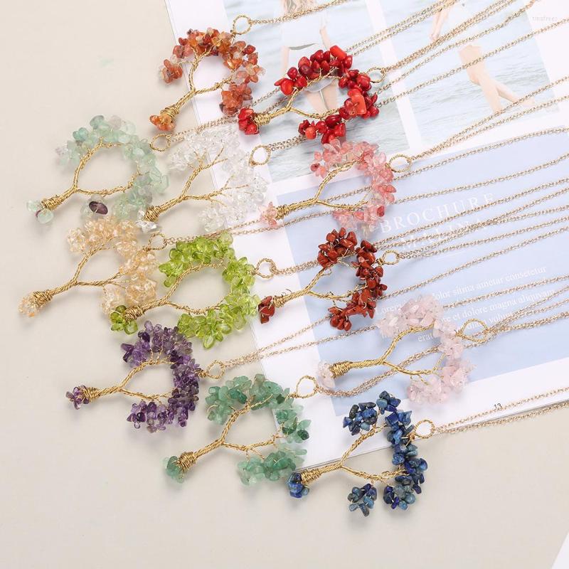 

Chains Natural Gravel Stone Wire Wrap Tree Of Life Reiki Healing Crystal Rose Quartz Aventurines Pendant Necklace For Women Jewelry
