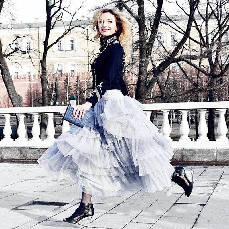 

Skirts Womens Tulle Stack-up A-line Skirt Saia Pleated Tiered Zipper Waist Midi Saias Feminina Design, White
