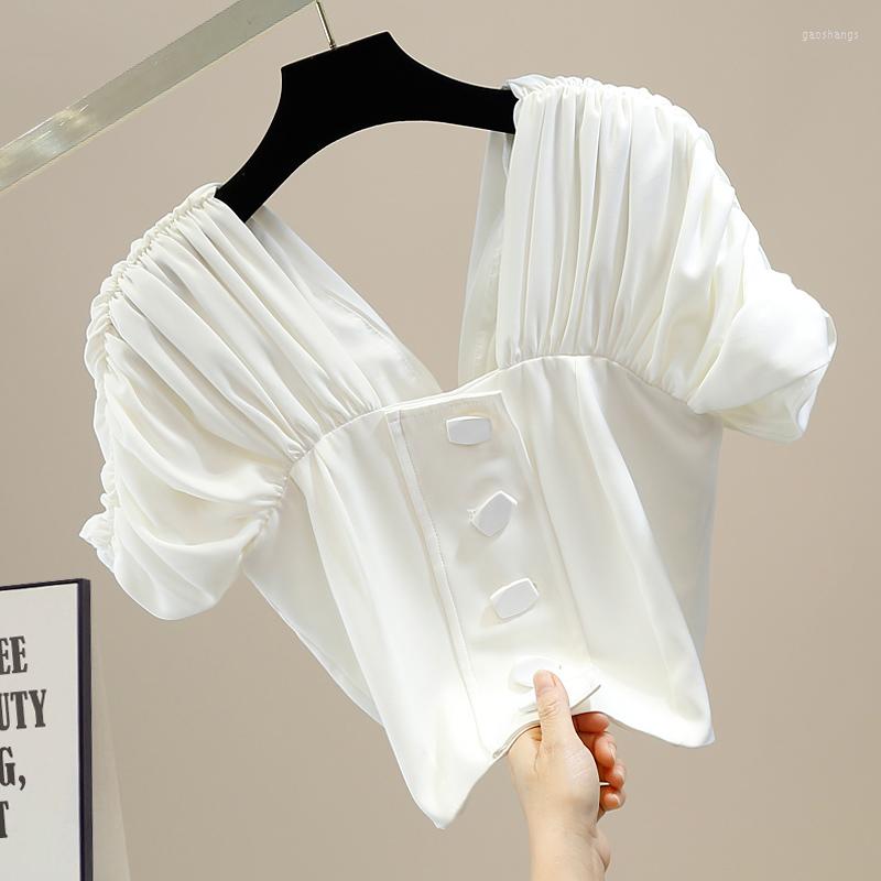 

Women' Blouses Sweet Shirt For Women Short Puff Sleeve Patchwork Folds Single Breasted Female 2022 Fashion Summer Clothes, Black