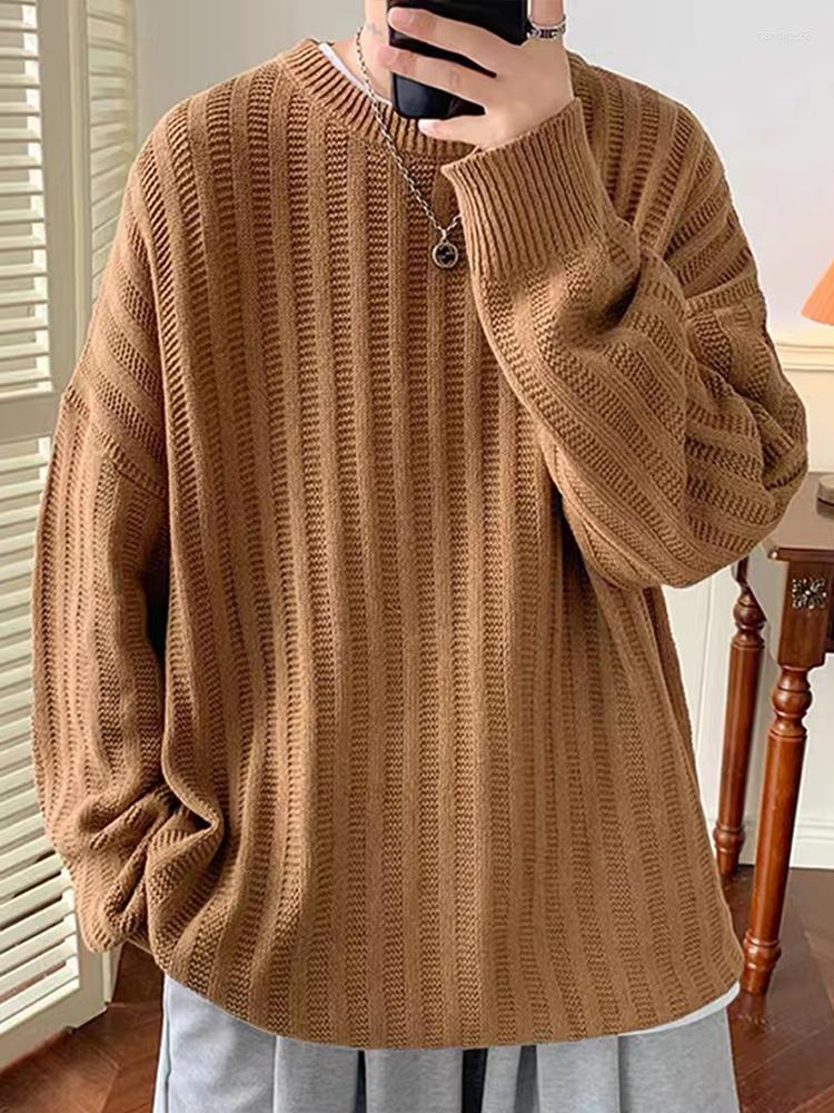 

Men's Sweaters Men Oversize Vintage Sweater Korean Casual Fashion Crewneck Streetwear Long Sleeves Y2k Pullovers Harajuku Winter Stripe, Khaki