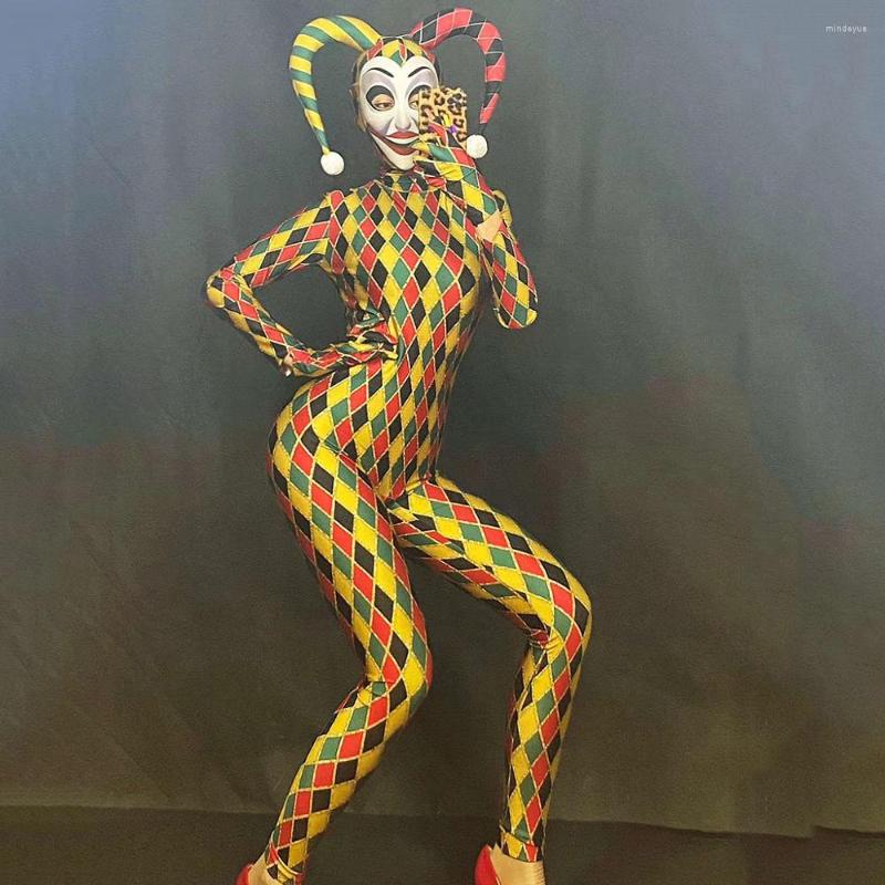 

Stage Wear Long Sleeve Colorful Plaid Women Jumpsuits Cosplay Tight Stretch Bodysuits Role-Playing Costumes Halloween Rave Festival Outfit, As the picture show