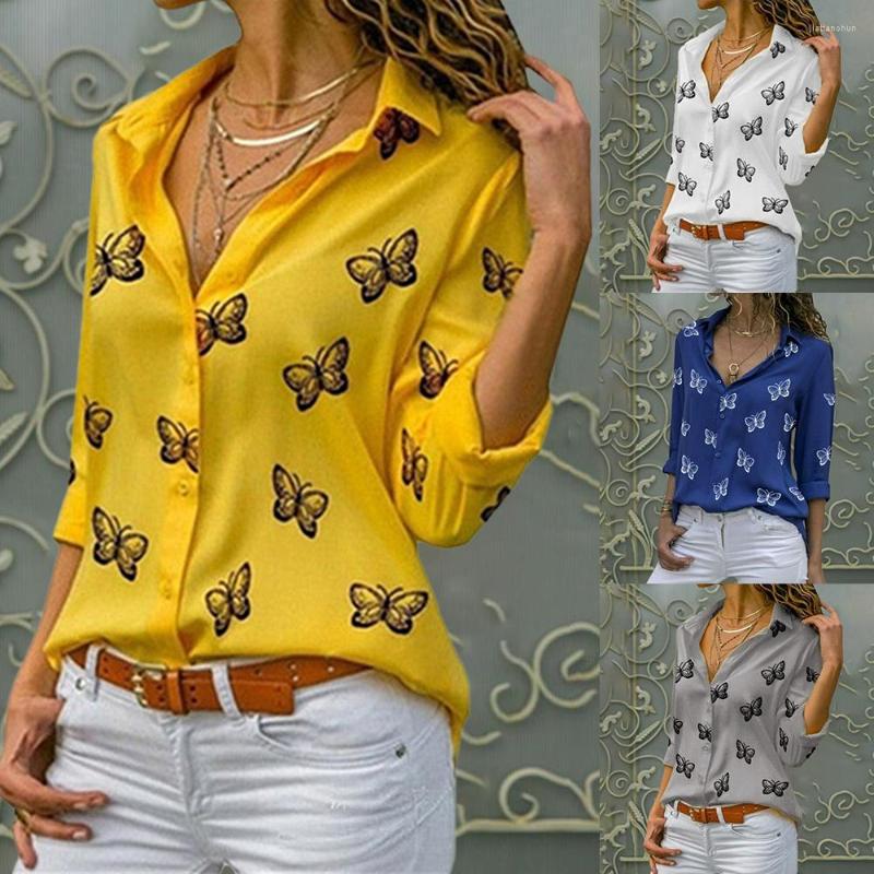 

Women's Blouses 2022 Spring/Summer Casual Long Sleeve V Neck Ladies Button Up Top Loose Shirt Fashion Women Butterfly Print, Lightblue2