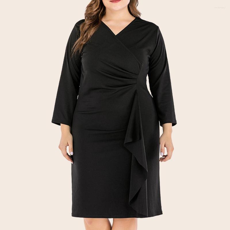 

Plus Size Dresses Fashion Women Bodycon Deep V Neck Long Sleeve Solid Party Dress Middle Length Sexy Slim Fit Tight, Black