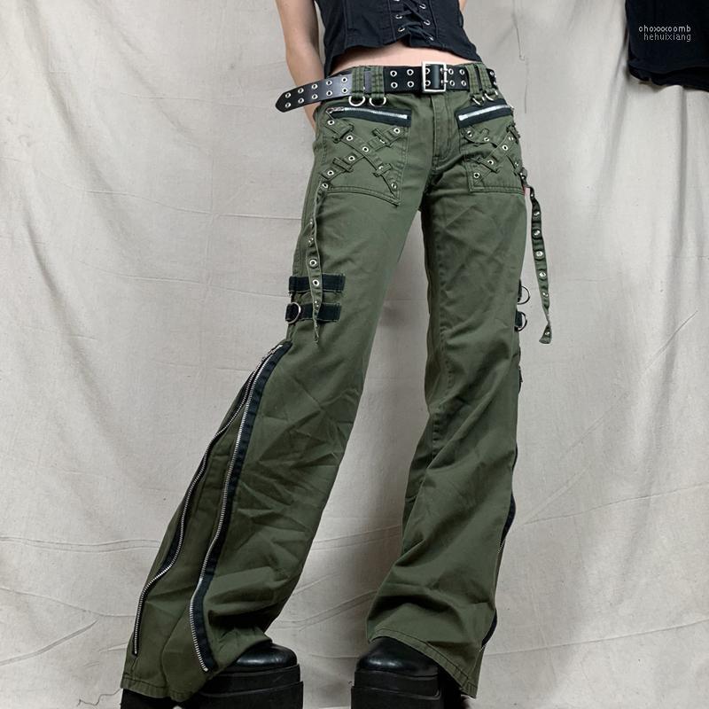 

Women' Jeans Women' Gothic Harajuku Green Grunge Women Low Waist Cargo Pants Hip Hop Punk Style Bandage Baggy Retro Long Trousers