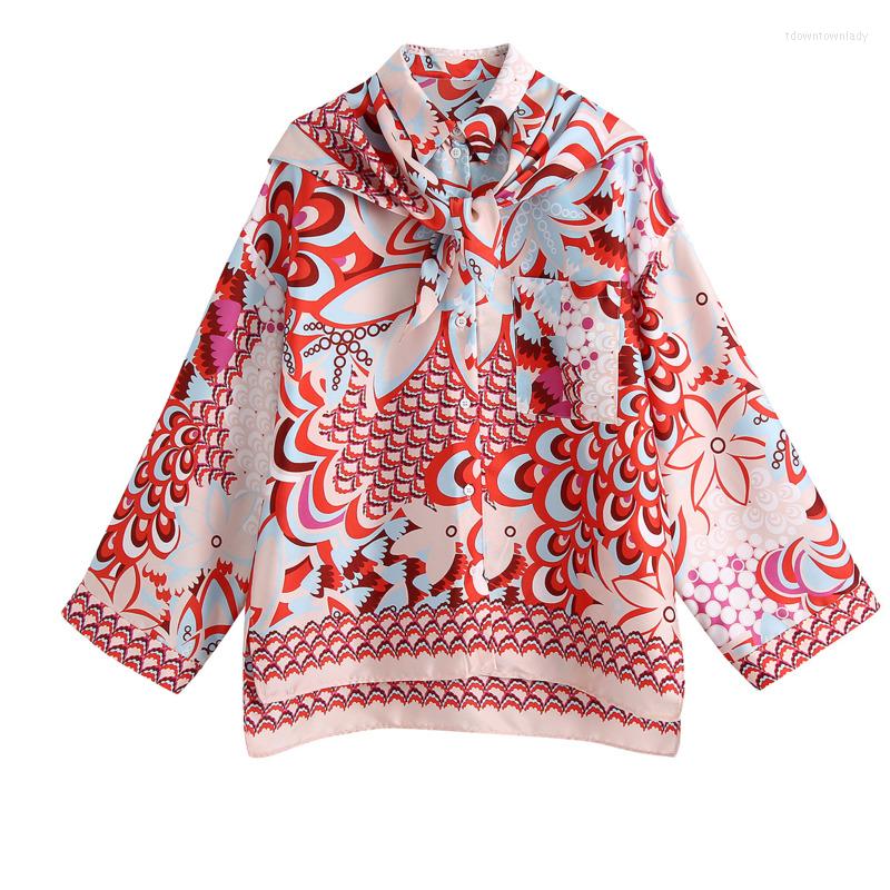 

Women's Blouses Vintage 2022 Autumn Women Fashion Long Sleeve Scarf Collar Floral Print Loose Blouse Casual Red Brand Shirts Blusas