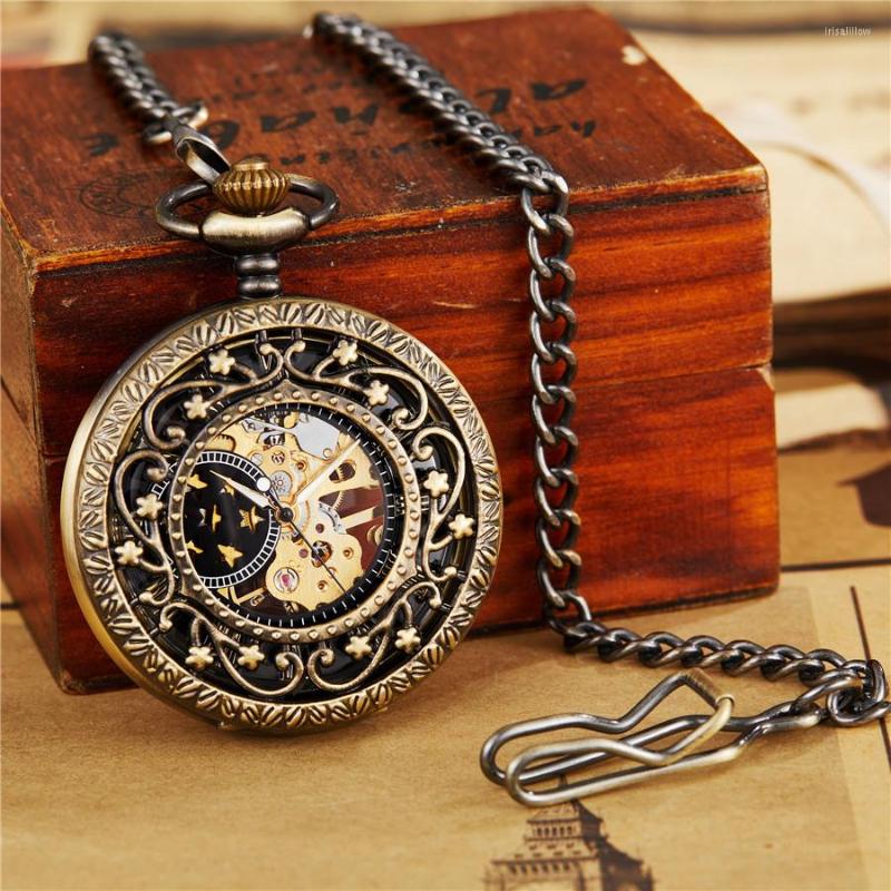 

Pocket Watches Retro Hollow Mechanical Watch With FOB Chain Gold Skeleton Steampunk Vintage Mens Womens Hand Winding, Brown