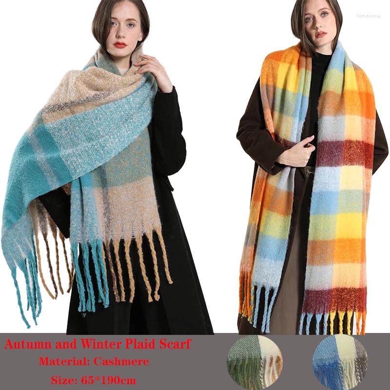

Scarves Winter Women Plaid Scarf Luxury Cashmere Thick Warm Solid Cape Wraps Lady Fashion Pashmina Tassel Long Hairy Bufanda