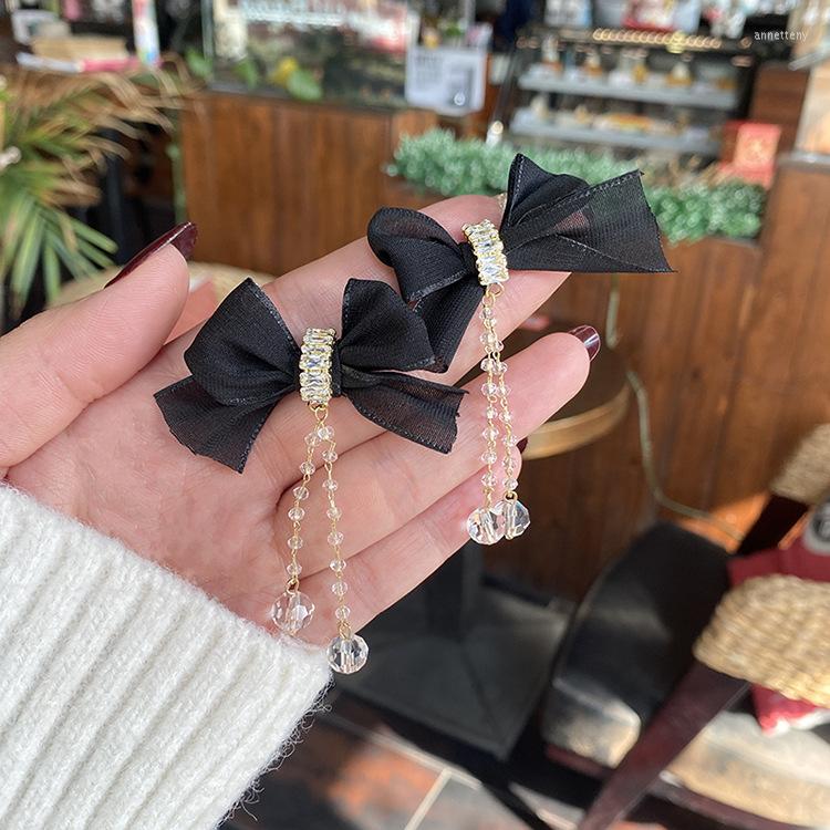 

Backs Earrings Statement Big Black Bow Rhinestone Clip On For Women Non Pierced Ears 2022 Trendy Crystal Tassel Long