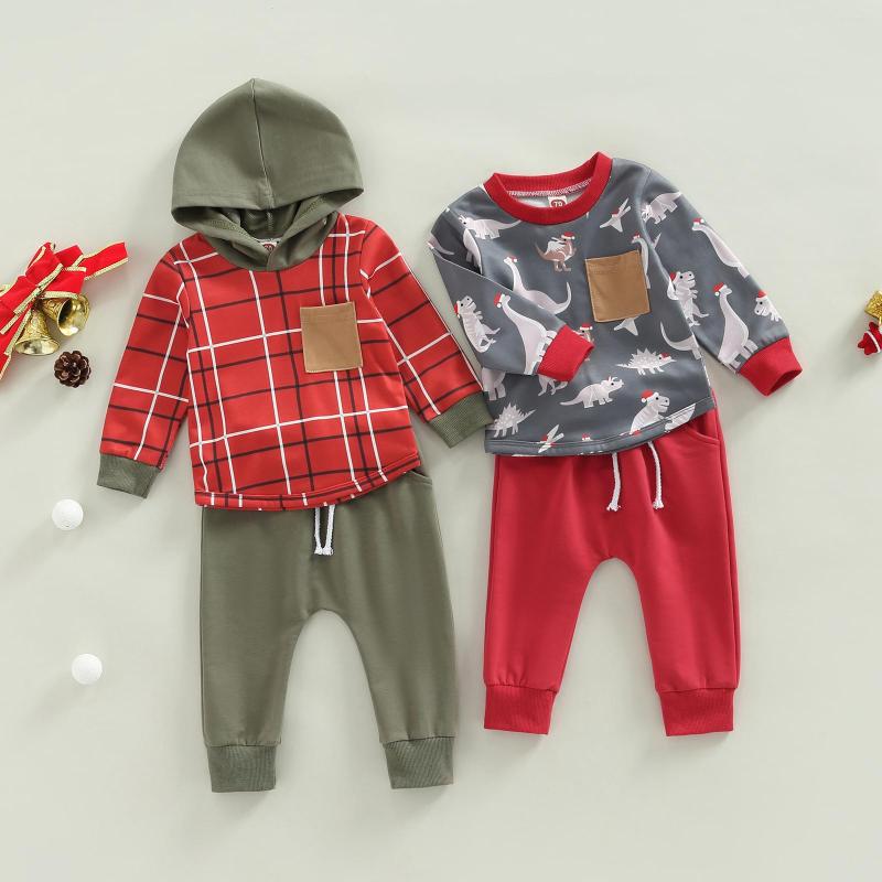 

Clothing Sets 0-3Years Toddler Boys Autumn 2PCS Outfit Long Sleeve Plaid Hoodie Solid Color Drawstring Pants