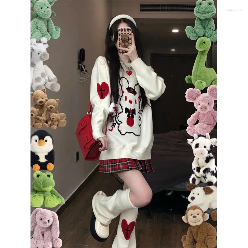 

Women' Sweaters Kawaii Cartoon Graphic KnitWear Female Winter O-Neck Pullover Loose Sweater Women Fashion Long Sleeve Streetwear, White
