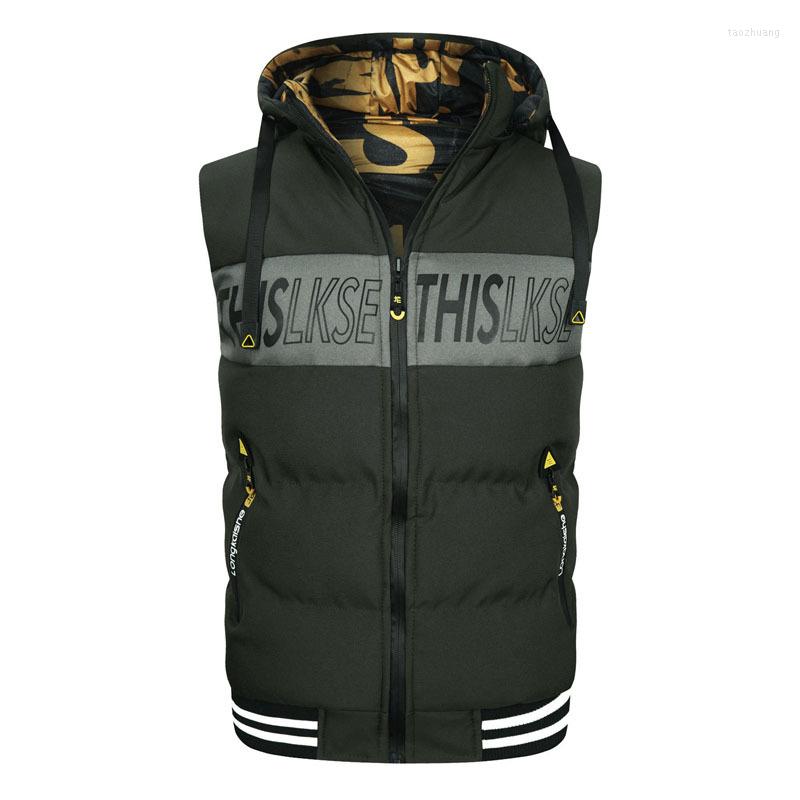 

Men's Vests Men Winter Cotton Hooded Vest 2022 Brand Slim Fit Striped Warm Zipper Fashion Casual Army Green Padded Coat Hombre, Black