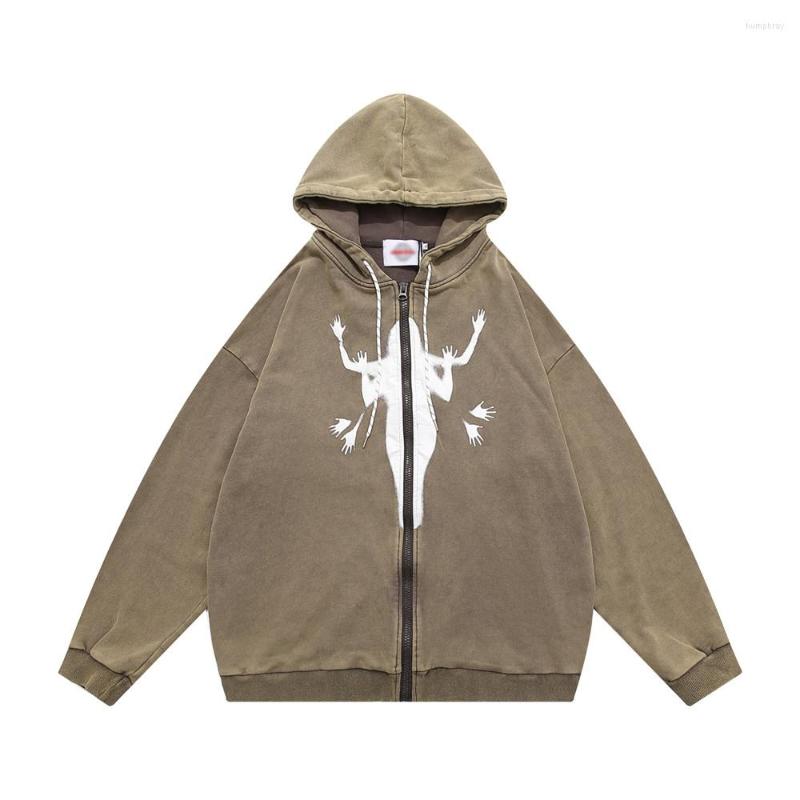 

Men' Hoodies Vintage Angel Print Oversized Zipper Long Sleeve Sweatshirt For Men Women Y2K Aesthetic Autumn Gothic Grunge Streetwear, Khaki