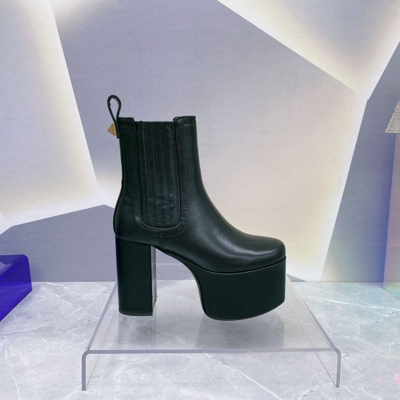 

Beatle Club 125mm Leather Chelsea platform Ankle Boots slip-on Round Toe booties chunky block Heel Short Boot luxury designer Runway shoes for women factory footwear, Gift(not sold separately)